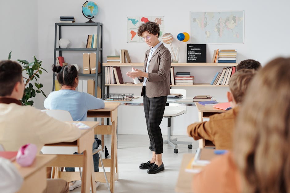 Teacher conducting a classroom lesson with attentive students in a vibrant educational setting